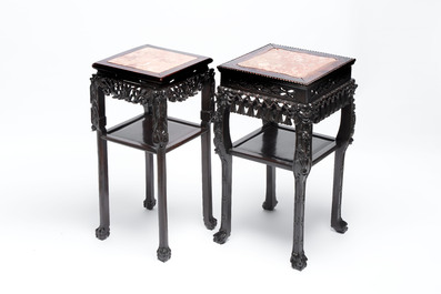 Two Chinese marble-topped hongmu two-tier square stands, 19/20th C.
