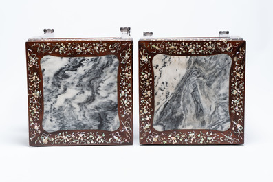 A pair of Chinese hongmu two-tier stands with marble top and mother-of-pearl inlay, Canton, 19th C.