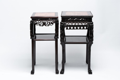 Two Chinese marble-topped hongmu two-tier square stands, 19/20th C.