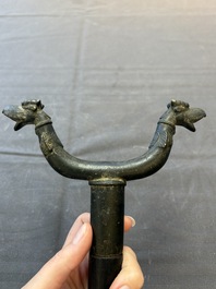 An Indo-Mughal bronze and wooden dervish crutch, 18/19th C.