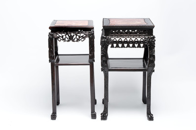 Two Chinese marble-topped hongmu two-tier square stands, 19/20th C.
