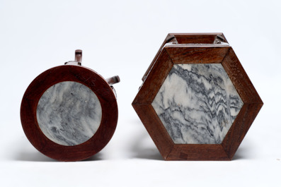 Five Chinese marble-topped hongmu stands, 20th C.