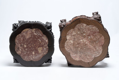 Three Chinese marble-topped hongmu stands, 19/20th C.