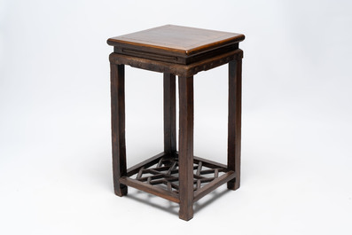 Two Chinese homgmu two-tier stands with marble top and a wooden square stand, 19/20th C.
