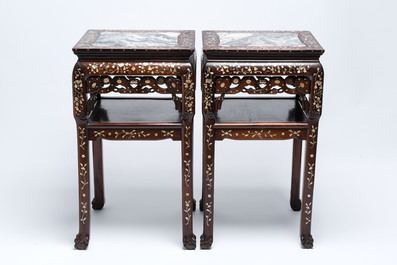 A pair of Chinese hongmu two-tier stands with marble top and mother-of-pearl inlay, Canton, 19th C.