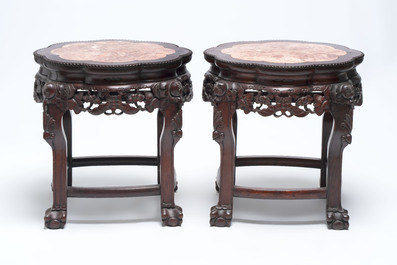 Three Chinese marble-topped hongmu stands, 20th C.