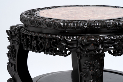 Two Chinese marble-topped hongmu two-tier stands, 19/20th C.