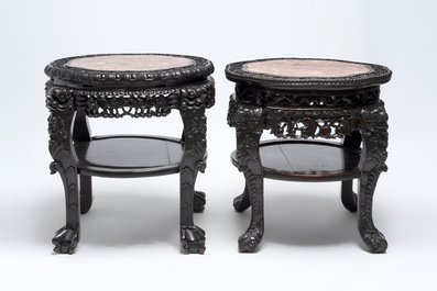 Two Chinese marble-topped hongmu two-tier stands, 19/20th C.