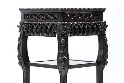 Two Chinese marble-topped hongmu two-tier square stands, 19/20th C.
