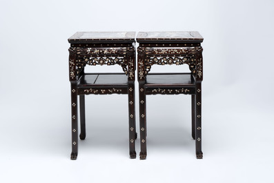 A pair of Chinese hongmu two-tier stands with marble top and mother-of-pearl inlay, Canton, 19th C.