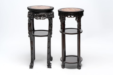 Two Chinese homgmu two-tier stands with marble top and a wooden square stand, 19/20th C.
