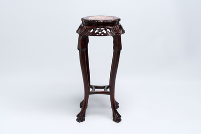 Three Chinese hongmu stands with marble top, 20th C.