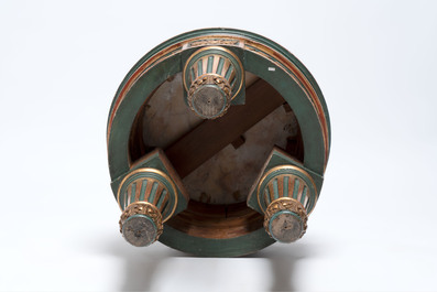 A neoclassical-style gilt-lacquered wooden tripod stand with a marble top, possibly France, 19/20th C.