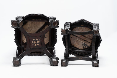 Two Chinese marble-topped hongmu stands, 19th C.