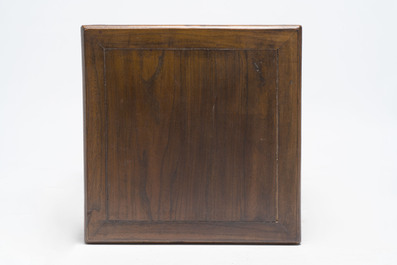 Two Chinese homgmu two-tier stands with marble top and a wooden square stand, 19/20th C.