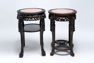 Two Chinese marble-topped hongmu two-tier stands, 19/20th C.