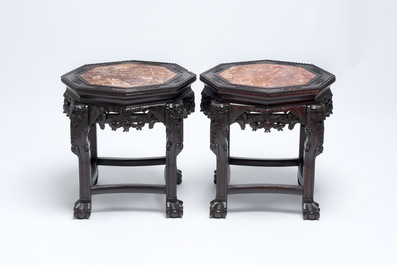 Three Chinese hongmu stands with marble top, 20th C.