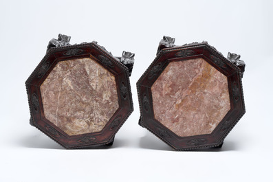 Three Chinese hongmu stands with marble top, 20th C.