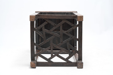 Two Chinese homgmu two-tier stands with marble top and a wooden square stand, 19/20th C.