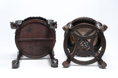 Two Chinese marble-topped hongmu two-tier stands, 19/20th C.