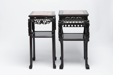 Two Chinese marble-topped hongmu two-tier square stands, 19/20th C.