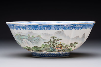 Four Chinese famille rose eggshell bowls with 'immortals' and 'landscape' design, Republic