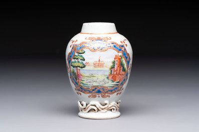 A rare Chinese famille rose 'European musical subject' tea caddy, Qianlong