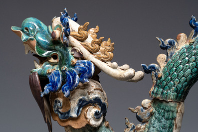 A pair of large Chinese polychrome-glazed Shiwan stoneware dragons, 19th C.
