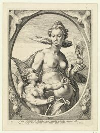 A fine blue and white Dutch Delft plaque with Venus and Amor, after an engraving by Hendrick Goltzius, 18th C.