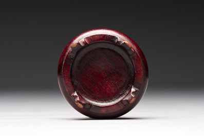 A small Chinese bronze vase with a chilong on a wooden stand, Yuan