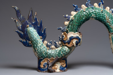 A pair of large Chinese polychrome-glazed Shiwan stoneware dragons, 19th C.