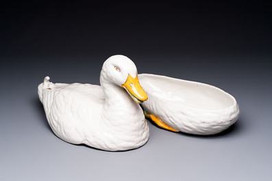 A polychrome French faience duck tureen and cover, Marseille, 18th C.