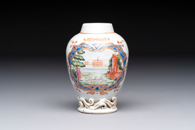 A rare Chinese famille rose 'European musical subject' tea caddy, Qianlong