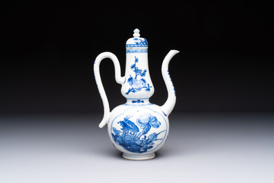 A Chinese blue and white ewer and cover with floral design, Kangxi