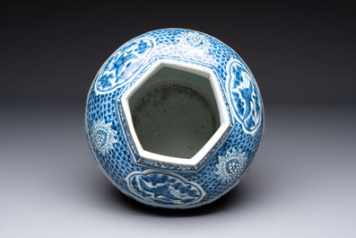 A Chinese blue and white hexagonal 'Three Friends of Winter' and 'shou 壽' vase, Wanli