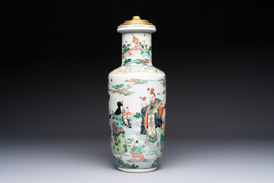 A fine Chinese famille verte 'Sanxing' rouleau vase with a gilt-bronze mount, Qing