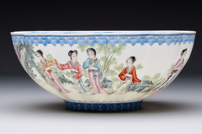 Four Chinese famille rose eggshell bowls with 'immortals' and 'landscape' design, Republic