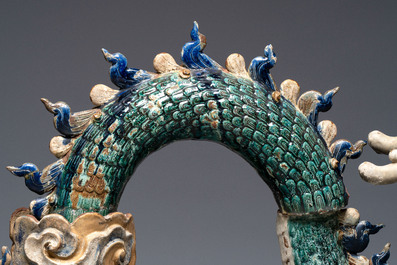 A pair of large Chinese polychrome-glazed Shiwan stoneware dragons, 19th C.