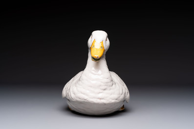 A polychrome French faience duck tureen and cover, Marseille, 18th C.