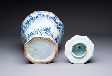 An exceptional blue, white and manganese Dutch Delft Transitional style chinoiserie vase and cover, 17th C.