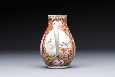 A Chinese famille rose export milk jug, two salts and a barrel-shaped tankard, Qianlong