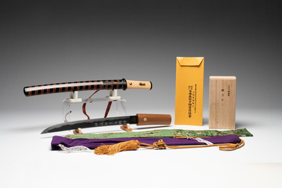 A rare Japanese wakizashi 脇差 sword and koshirae, signed Shoji Jiro Taro Naokatsu 莊司 次郎 太郎 直勝, Meiji, dated 1853