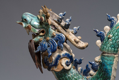 A pair of large Chinese polychrome-glazed Shiwan stoneware dragons, 19th C.