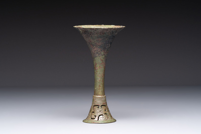 A Chinese archaic bronze wine vessel, 'gu 觚', early Shang