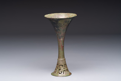 A Chinese archaic bronze wine vessel, 'gu 觚', early Shang