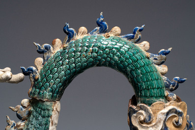 A pair of large Chinese polychrome-glazed Shiwan stoneware dragons, 19th C.