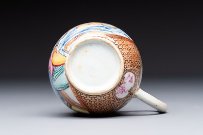 A Chinese famille rose export milk jug, two salts and a barrel-shaped tankard, Qianlong