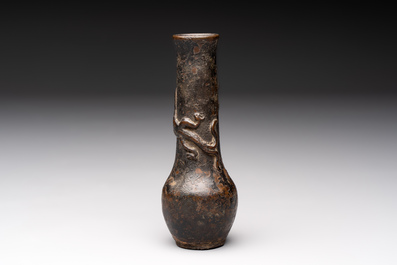 A small Chinese bronze vase with a chilong on a wooden stand, Yuan