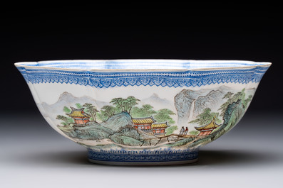Four Chinese famille rose eggshell bowls with 'immortals' and 'landscape' design, Republic