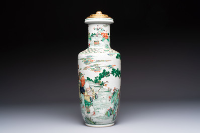 A fine Chinese famille verte 'Sanxing' rouleau vase with a gilt-bronze mount, Qing